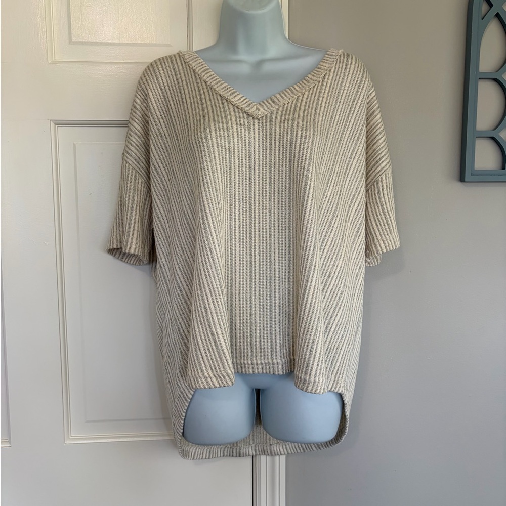 Ribbed V-Neck Short Sleeve Top in Beige - Picture 1 of 4